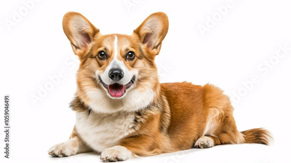 Obraz Welsh Corgi Breed Dog Sitting Against a White Background