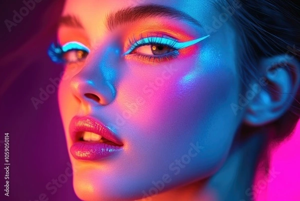 Fototapeta Fashion model showing neon fluorescent makeup in pink and blue light