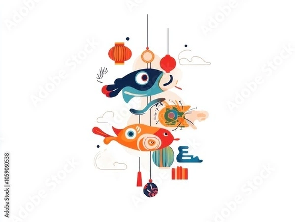Fototapeta Vibrant Lunar New Year flat elements featuring playful fish, lanterns, and cultural symbols for celebration, Generative Ai,  Chinese New Year