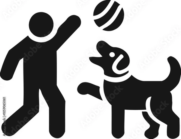 Fototapeta Silhouette of person playing with dog and ball, pet and human interaction icon, playful activity illustration
