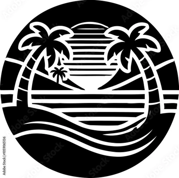 Fototapeta Silhouette of tropical beach with palm trees and sunset, summer and vacation icon, island paradise illustration
