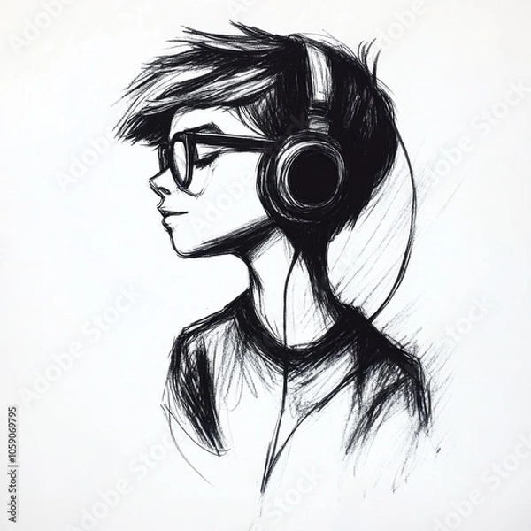 Fototapeta Sketch of a young person with headphones and glasses, drawn in black and white.