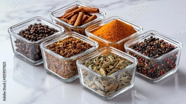 Fototapeta Spices arranged in glass containers on a marble surface.