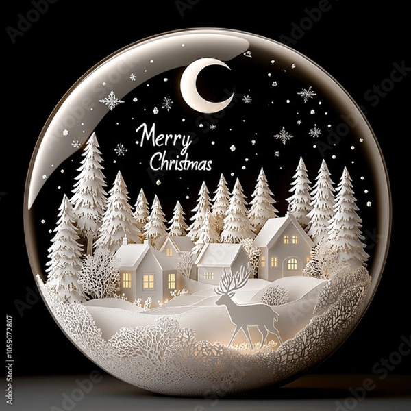Obraz Elegant paper-cut Christmas scene in a glass globe featuring snowy pine trees, cozy village houses, a crescent moon, and a deer under a starry sky with "Merry Christmas" text. Winter wonderland