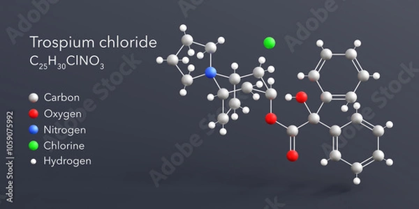 Fototapeta trospium chloride molecule 3d rendering, flat molecular structure with chemical formula and atoms color coding