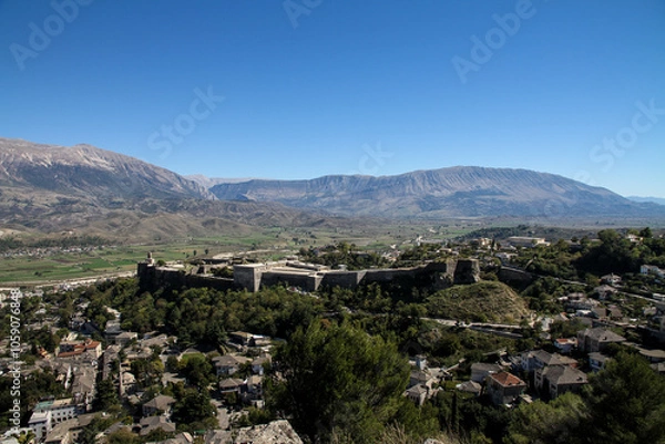 Fototapeta panorama of Gjirokastra castle, albania, with blue sky