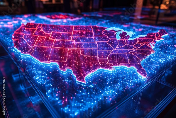 Obraz A dramatic red and blue-lit map of America showing state-by-state results in real-time.