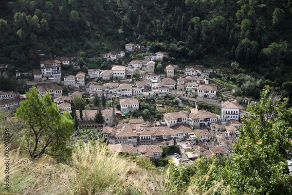 Fototapeta white houses with black windows and brown roof in berat, albania, view from castle, houses framed in trees