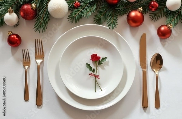Obraz Christmas table place setting with christmas pine branches and plate, kine, fork and spoon.Christmas holiday background.Top view.