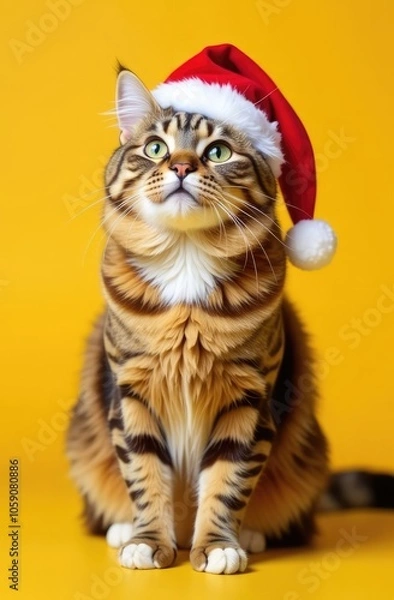 Obraz cat in santa hat on yellow background