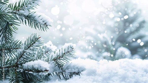 Fototapeta Winter Christmas Background with Snowy Pine Branches and Snow Heap