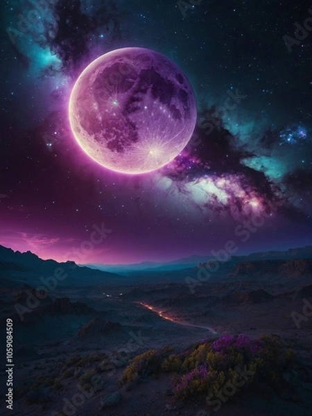 Fototapeta A mesmerizing cosmic scene of radiant nebula in vibrant shades of purple, teal, with glowing stars and distant galaxies filling the background, large glowing moon hangs above
