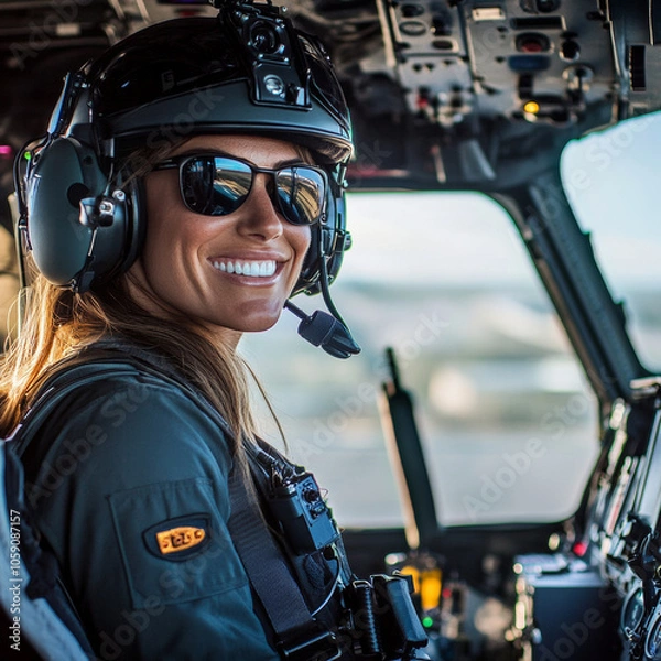Fototapeta a beautiful  white female model pilot flying a helicopter with headset