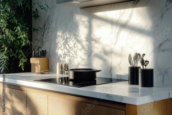 Obraz Sunlit modern kitchen featuring a marble backsplash, induction cooktop with a pan, and organized utensils, creating a minimalist, elegant cooking space.
