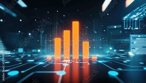 Fototapeta Abstract background with an orange bar graph, glowing lights, and data points on a dark, abstract digital landscape.
