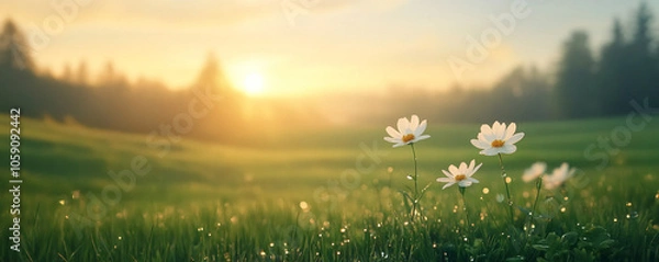 Obraz 
Fresh cosmos flowers with dew drops shining in the morning light, symbolizing purity and new beginnings,