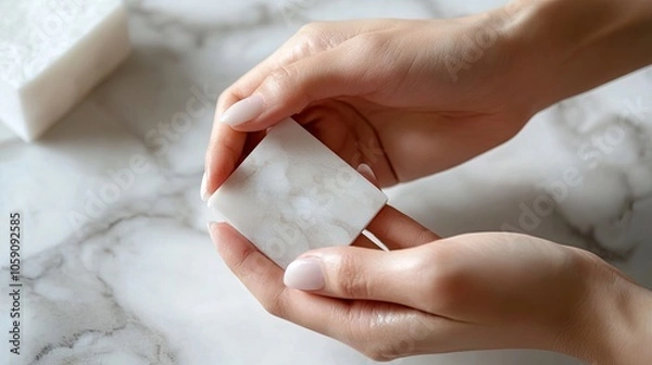 Fototapeta Woman's hands delicately holding a small marble sample, examining its texture and color for a design project or renovation choice.
