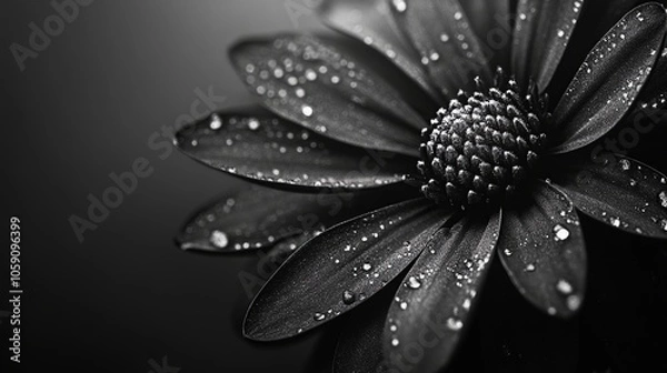Fototapeta Black and White Macro of Flower Petals with Water Droplets Highlighting Elegance, Simplicity, and Natural Beauty. 