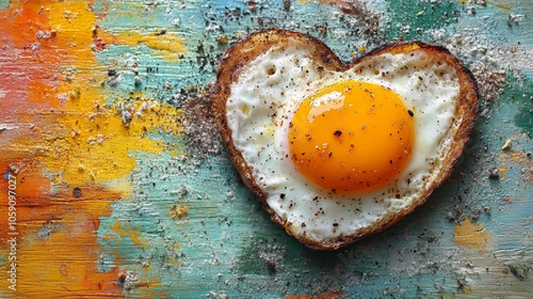 Fototapeta heart-shaped fried egg sits on a colorful backdrop, symbolizing love and warmth. This playful, cheerful image evokes feelings of joy, comfort, and a fresh start to the day