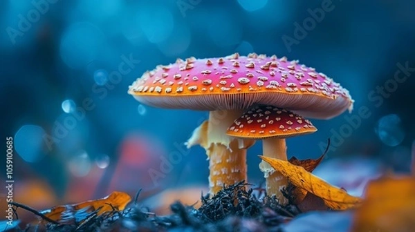 Fototapeta Bright Red and White Amanita Mushrooms in an Enchanted Forest Floor with a Dreamy Blue Background.