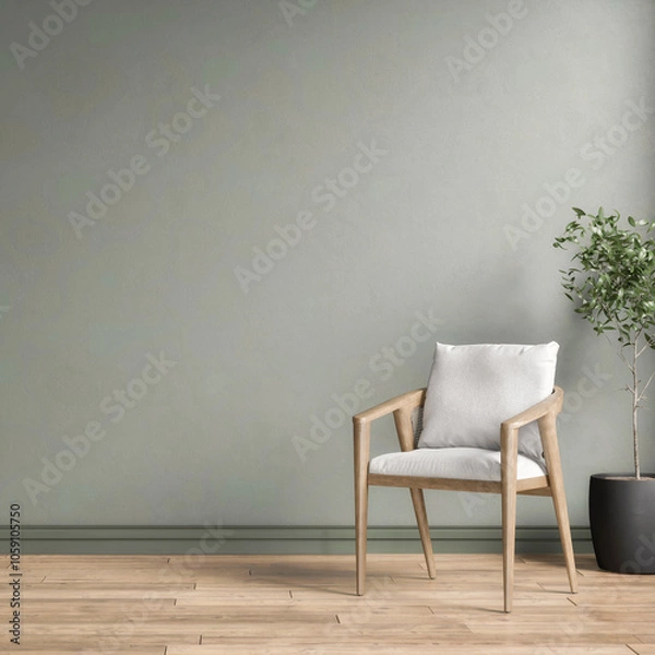 Fototapeta 3d rendering of a mock-up with a bright wall, a chair and a plant in Scandinavian style - placeholder - interior.