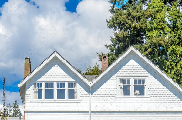 Fototapeta Top of grey stucco luxury house with shingle roof, red and yellow trees and nice windows in Summer in Vancouver, Canada, North America. Day time on June 2024