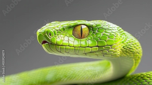 Fototapeta Close-up of a vibrant green snake showcasing its textured scales and striking amber eyes.