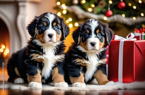 Fototapeta Two beautiful Bernese Mountain dogs are sitting in the house against the background of a Christmas tree. Gifts are depicted in the background, and blurred highlights in the bokeh style