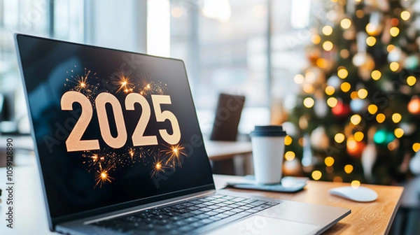 Obraz New Year 2025 Numbers on Office Laptop Screen, Business Party Setting, Reflecting Work Challenges and Future Goals and Success Planning.