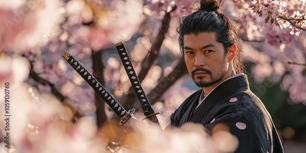 Fototapeta A serene portrait of a samurai in a tranquil garden, holding a katana with both hands, surrounded by cherry blossom trees in full bloom, symbolizing peace and strength.