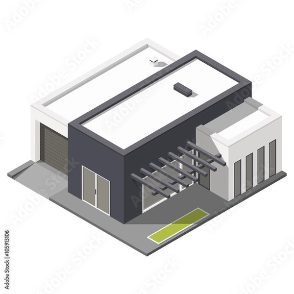 Fototapeta One-storey house with flat roof isometric icon set