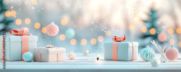 Fototapeta Tiny gift boxes in holiday setting, warm winter lights, 3D illustration