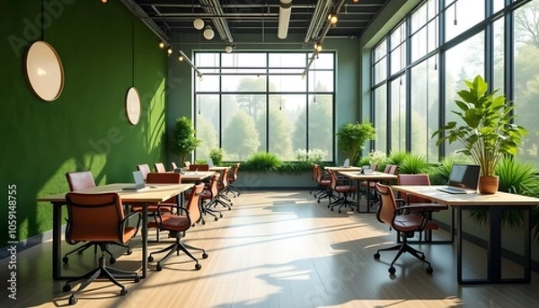 Fototapeta Modern office space with natural light and greenery, symbolizing productivity and innovation.
