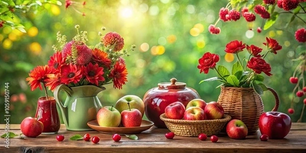 Fototapeta Vibrant Composition of Red Objects on a Green Background with Bokeh Effect for Stunning Visuals and Artistic Inspiration