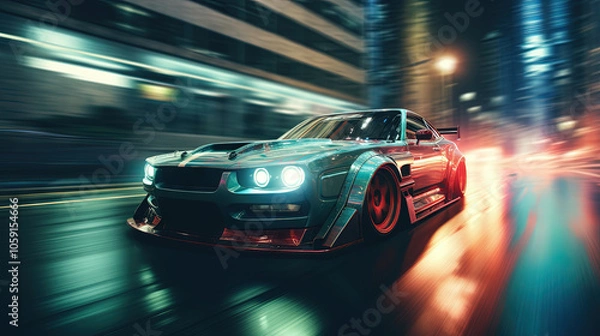 Fototapeta Street racing scene with sport car in neon lights. Speed lines and light trails of night urban drive.