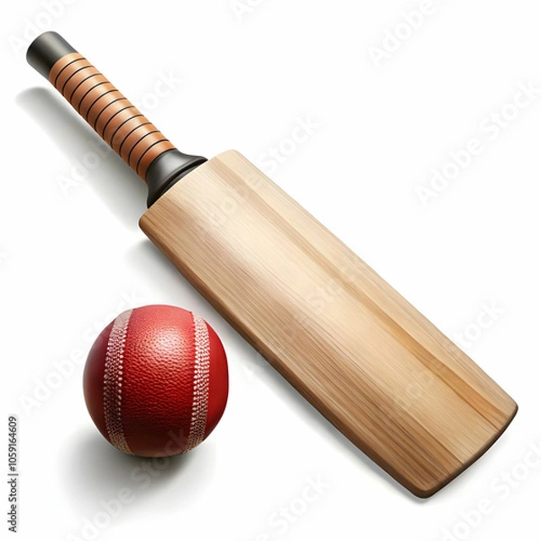 Obraz Cricket stump, bat, ball and gloves on artificial turf, elevated view