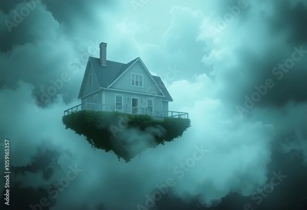 Fototapeta The Floating House A dreamlike image of a house that appears to