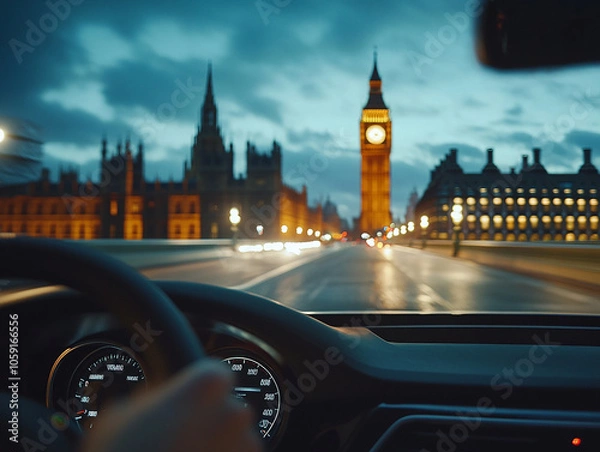 Fototapeta A cinematic night scene captured from inside a luxury car, driving through London with the iconic Big Ben illuminated in the distance. The view is from the car's dashboard, showing a hand put on the s