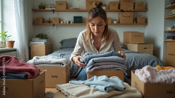 Obraz Decluttering and Organizing Clothes with Labeled Boxes