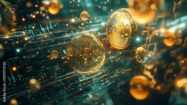 Fototapeta A digital representation of Bitcoin, showcasing floating coins in a futuristic, tech-inspired environment.