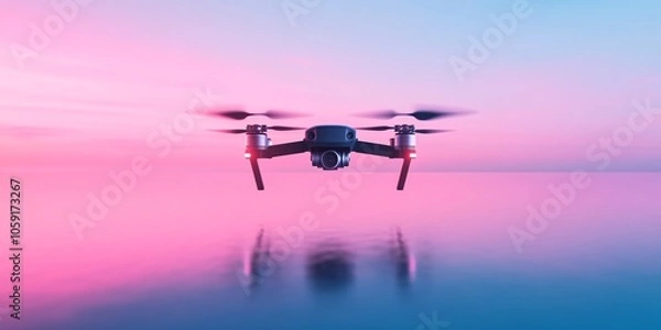 Fototapeta A minimalist, color-blocked image of a drone flying over a vast ocean. The drone is a small, dark silhouette against the bright blue sky and water.
