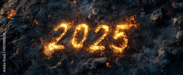 Fototapeta Fiery representation of the year 2025 with molten lava glow against a dark volcanic backdrop