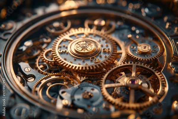 Fototapeta Intricate CloseUp of Antique Clock Mechanism with Golden Gears and Cogs
