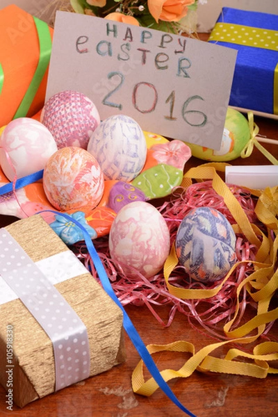 Obraz Easter background with eggs, ribbons and spring decoration