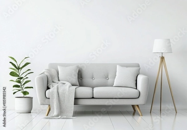 Fototapeta Cozy modern living room setup with a gray sofa and stylish floor lamp in a minimalist space