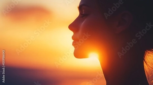Fototapeta Close-up of a woman silhouette against a sunset, soft light outlining her features, serene and peaceful mood