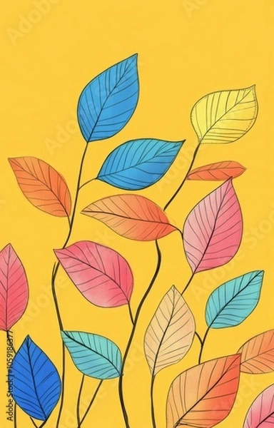Fototapeta Colorful leaves in various shapes and sizes against a bright yellow background