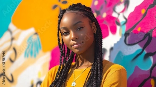 Fototapeta Woman with long braids standing in front of a colorful mural, bright and lively atmosphere, confident and bold expression