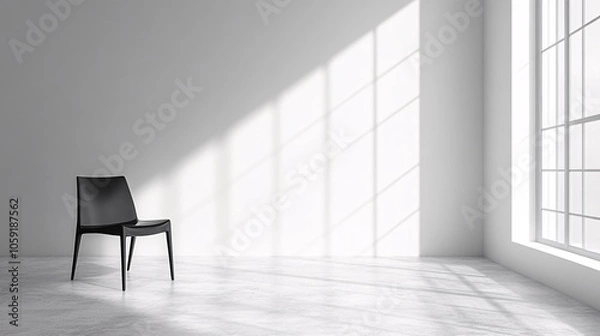 Fototapeta A minimalist black chair sits in a sunlit, empty room with large windows, casting soft shadows on the white wall and floor.