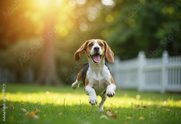 Fototapeta Joyful Beagle Dog Running Freely in Sunlit Garden